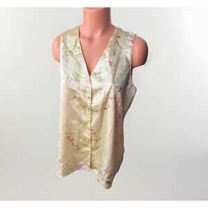 Vintage Oscar de la Renta Pink Label Satin Floral Top Yellow Sleeveless V-Neck L